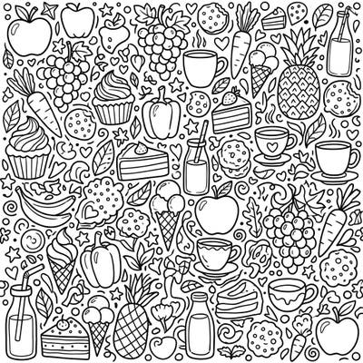 Immerse yourself in a wonderfully whimsical world of edible delights with this intricate food-themed coloring page. Discover a bountiful spread of fruits, vegetables, desserts, and beverages, all ready for your creative touch to bring them to life.