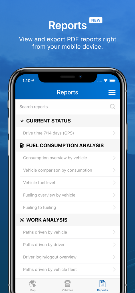 mobileMAP (by CVS / Eurowag) - mobileMAP App-Berichtsseite mit Kraftstoffverbrauch und Arbeitsanalyse für das Flottenmanagement