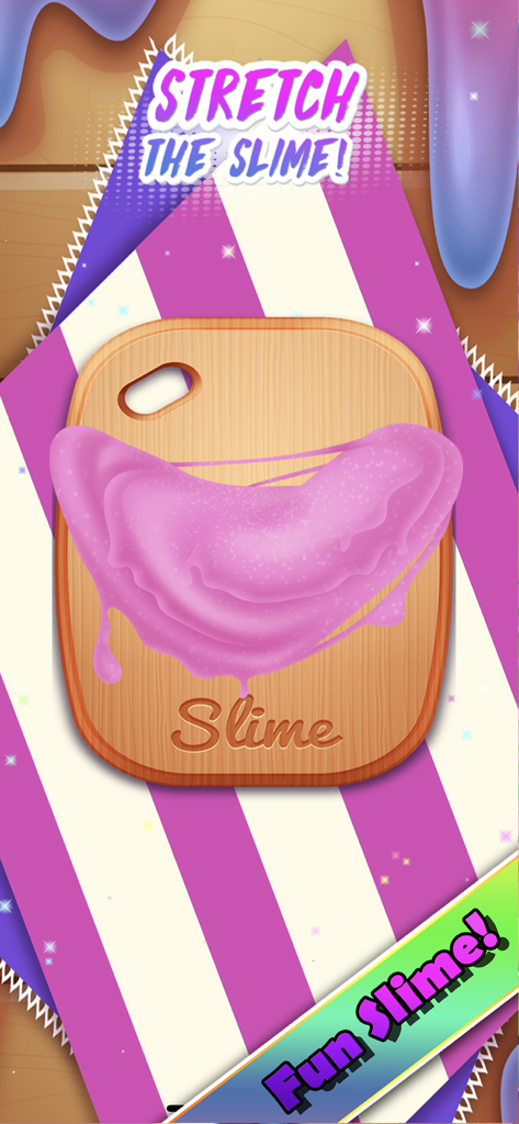 Purple sparkly slime being stretched on a wooden board with the text Stretch the Slime