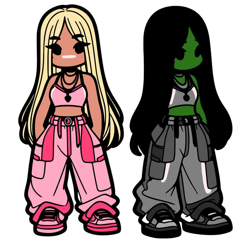 girl in baggy pants crop top and long hair