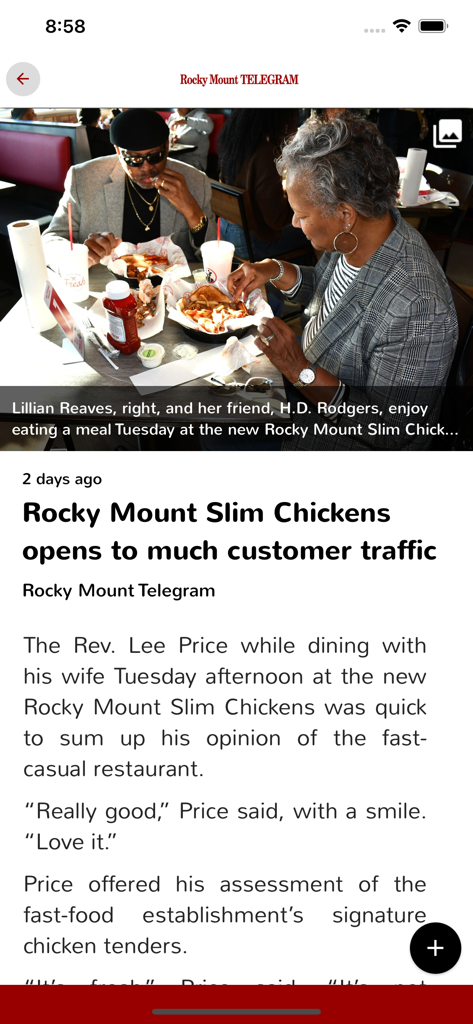 A news article about a local restaurant opening in the Rocky Mount Telegram mobile app