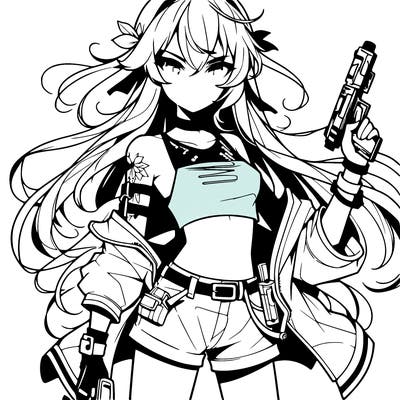 bad girl wearing crop top holding a gun long hair anime