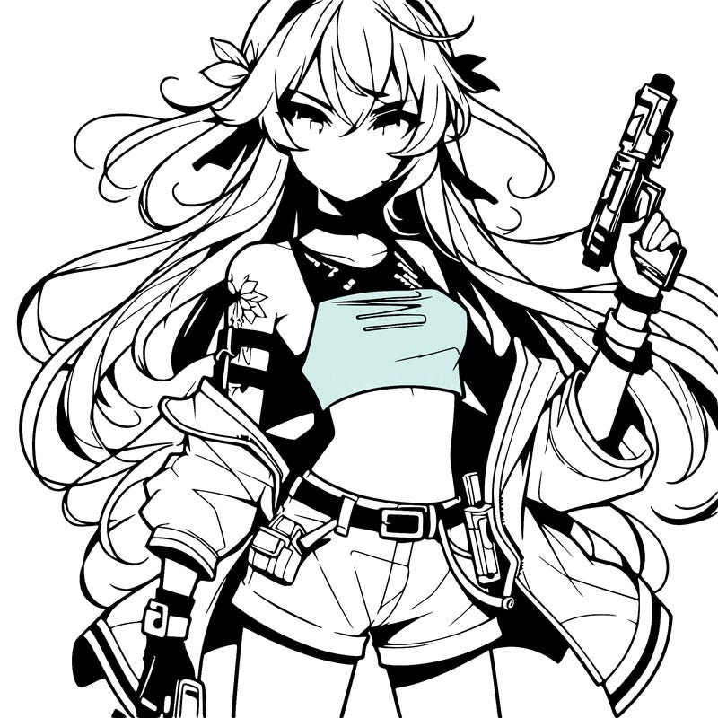 bad girl wearing crop top holding a gun long hair anime