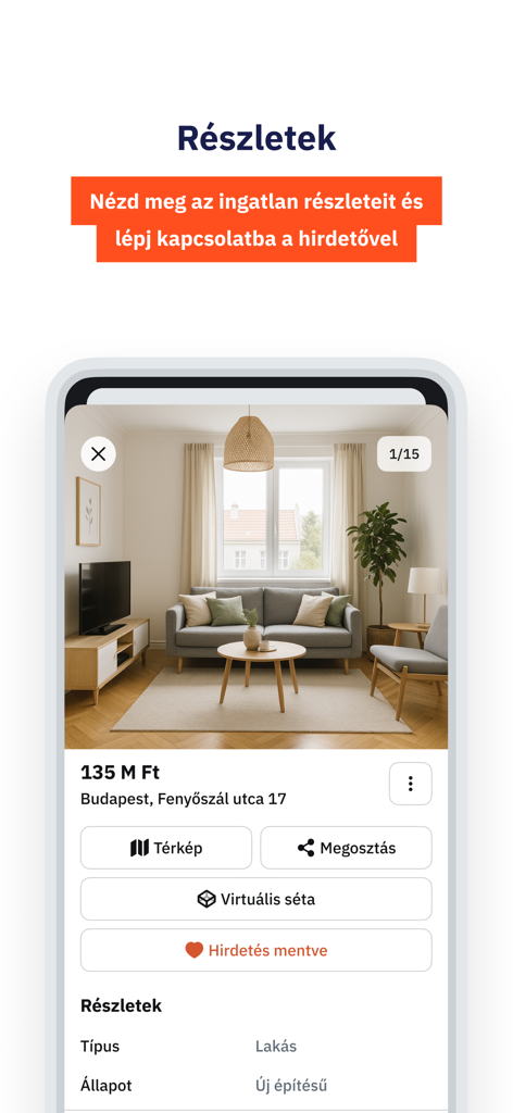 Mobile app screen showing a real estate listing in Budapest with price and property details
