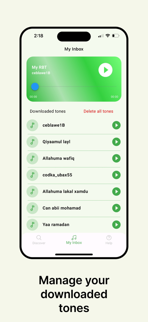 Nasiye CRBT - The My Inbox screen of the Nasiye CRBT app showing a list of downloaded caller ringback tones for management.