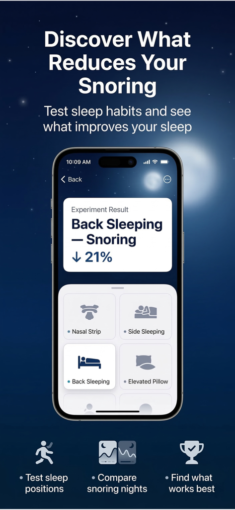 Snore Recorder,Sleep Tracker - Interface of the SnoreDetect app showing how different sleep habits like back sleeping reduce snoring frequency