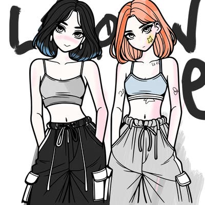 two girls with crop top with baggy pants
