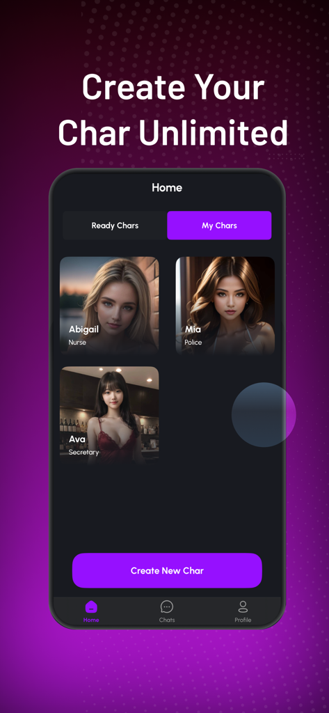 AI Girlfriend Sexy - Spicy GF - App screen showing a gallery of virtual AI girlfriend characters with diverse professions and a create new character button