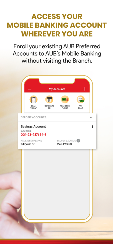 The AUB mobile app interface showing a savings account balance and options for money transfers and bill payments.