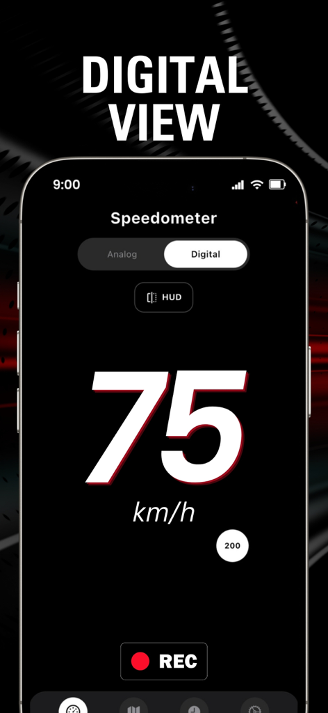 Interfaz de velocímetro digital que muestra 75 km/h con opciones de grabación y HUD