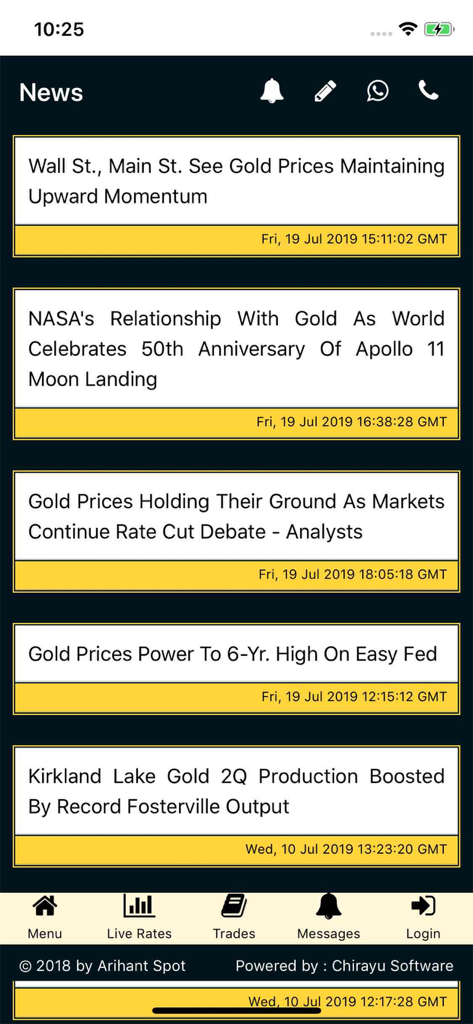 Arihant Spot - Arihant Spot app news interface displaying headlines related to gold price trends and global market analysis.