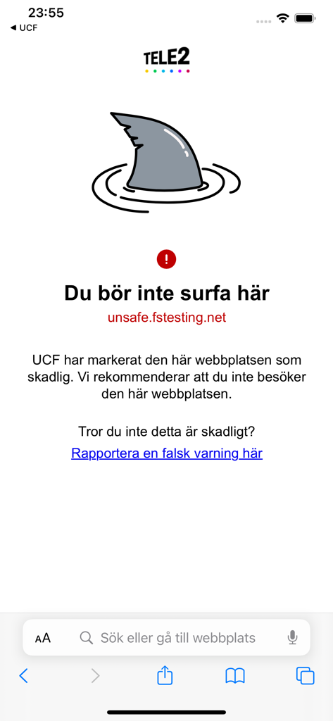 Tele2 Saker app displaying a security warning screen for a harmful website