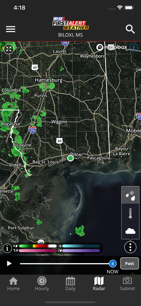 WLOX Weather - WLOX First Alert Weather app displaying a high-resolution radar map of Biloxi Mississippi and the surrounding Gulf Coast area.