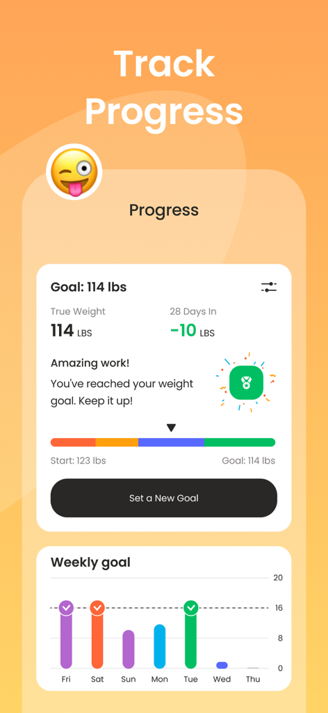 Weight loss progress screen in the fasting app showing a goal reached message and weekly fasting hours chart