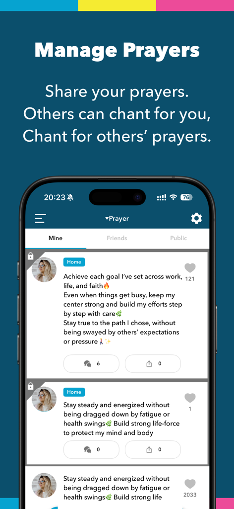 DAIMOKU PRO | SGI DAIMOKU SNS - Screenshot of Daimoku Pro app showing the Manage Prayers screen where users can share spiritual goals and chant for others within the SGI community.