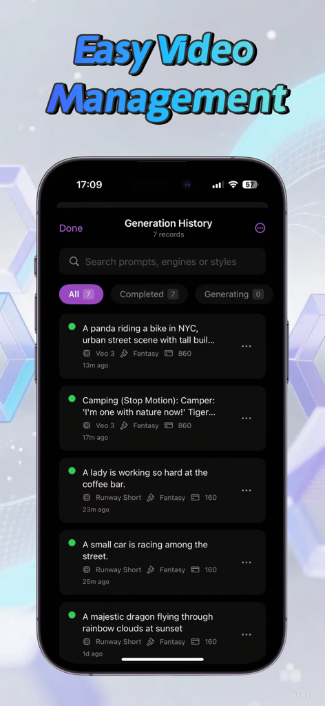 Pantalla de historial de generación del Generador de Vídeo IA Vo3 que muestra una lista de indicaciones de vídeo IA completadas con motores y estilos utilizados