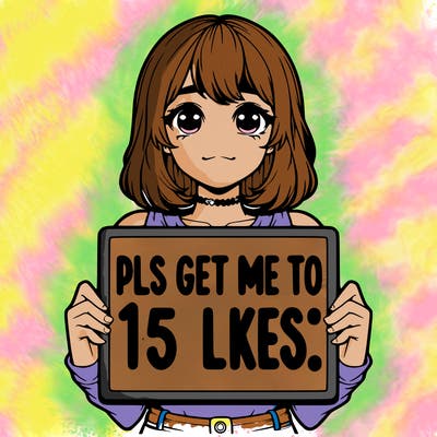 realistic girl holding up a sign that says “pls get me to 15 likes!”