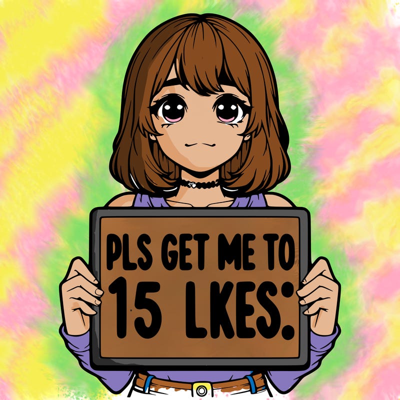 realistic girl holding up a sign that says “pls get me to 15 likes!”