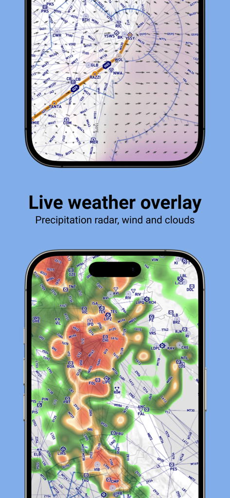 FlyCharts - FlyCharts app displaying live weather overlay with precipitation radar and wind for flight simulation