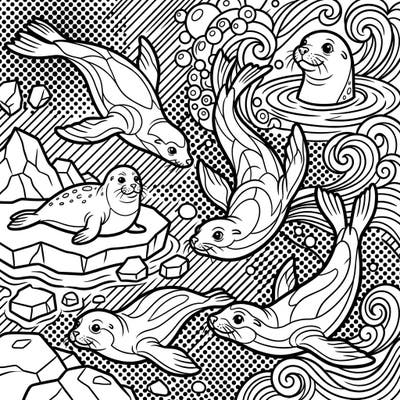 Explore the playful world of seals and sea lions reimagined in a striking Pop Art style with this captivating coloring page. Featuring bold outlines and energetic patterns, it offers a unique artistic experience for all ages.