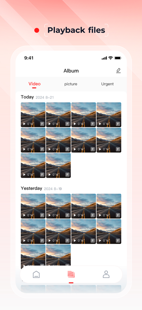 Interface of the Redtiger Cam app showing an album of recorded dashcam video files organized by date