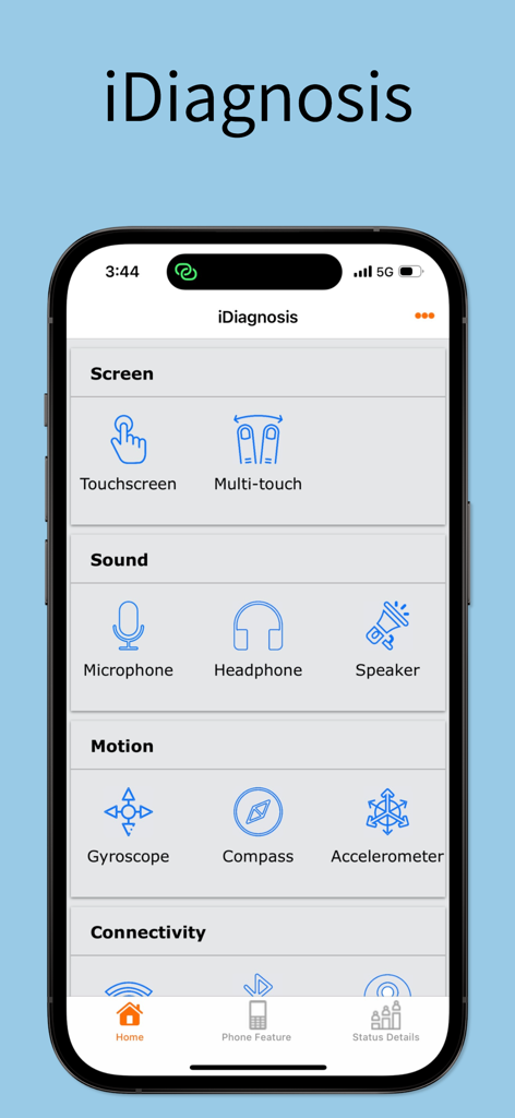 iDiagnosis app dashboard displaying hardware and sensor diagnostic test categories