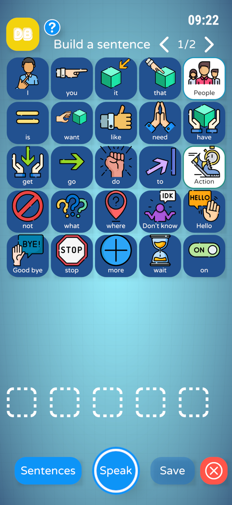 Daily Buddy - Interfaz que muestra una cuadrícula de iconos para construir oraciones para la comunicación basada en imágenes