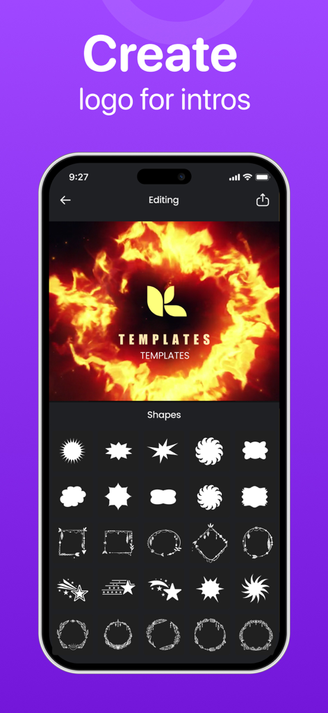 Pantalla de smartphone mostrando la interfaz de edición de una aplicación de creación de introducciones con un logo de fuego y plantillas de diseño.