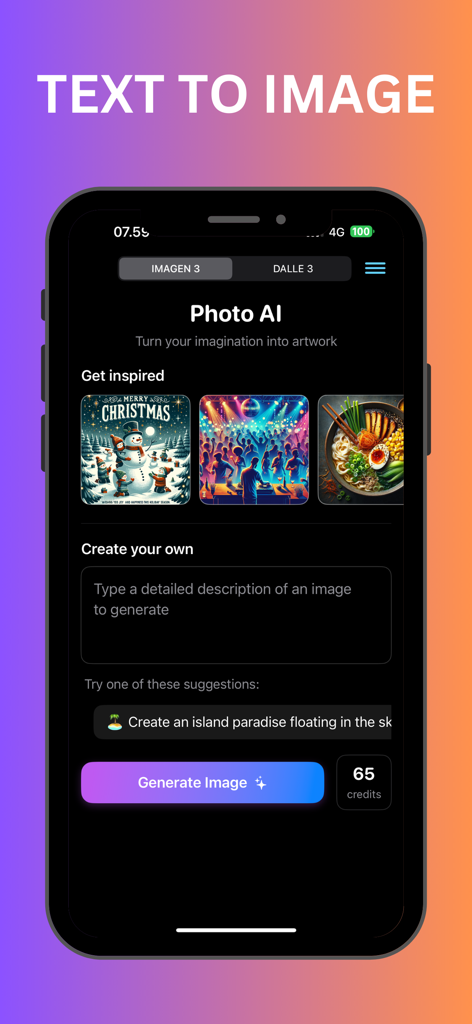 Photo AI: Image Maker - Smartphone screen displaying the text to image interface of Photo AI app with several artistic examples