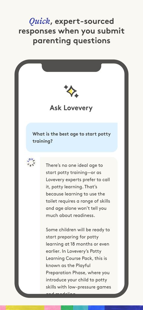 Screenshot of the Ask Lovevery feature showing an expert response to a parenting question about potty training.
