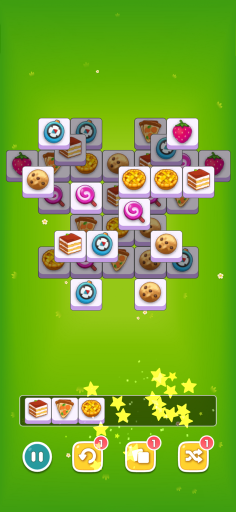 Triple Tile Puzzle- Connect 3 - Tablero de juego de Triple Tile Puzzle con varias fichas de comida y una barra de combinaciones en la parte inferior.