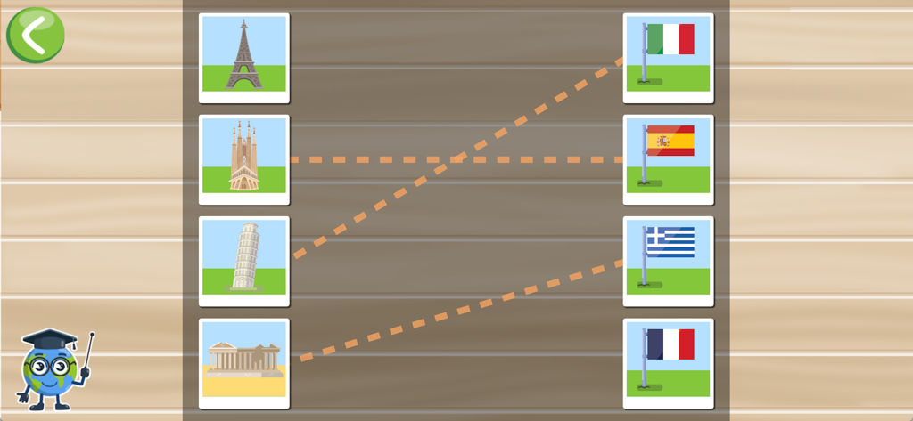 Geo Kids (Qbis Studio) - Educational matching game for kids connecting world landmarks to their corresponding national flags.