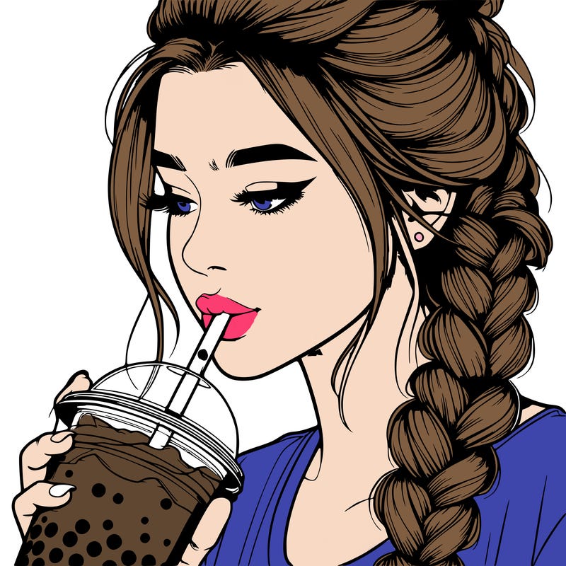 realistic girl drinking boba tea with braided hair