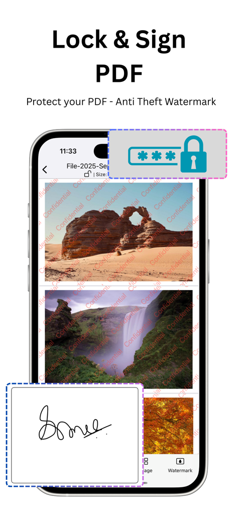 PDF Maker & Converter - PDFAPP - Mobile screen showing PDF protection features including password lock digital signature and anti-theft confidential watermarks