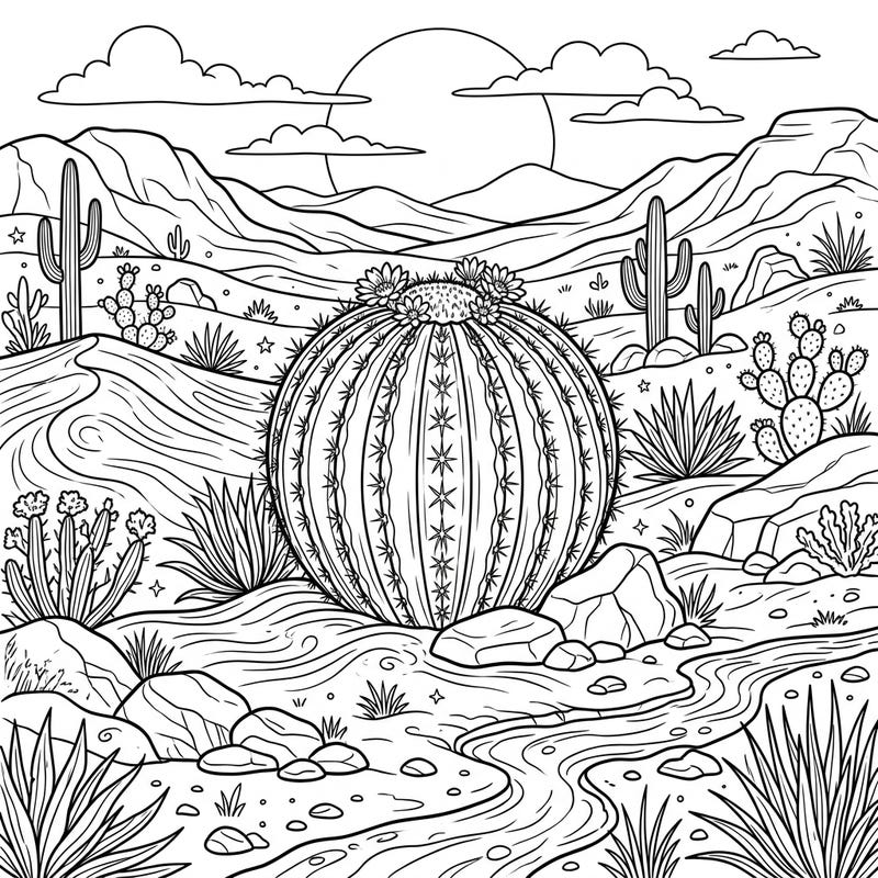 Dive into the serene beauty of the desert with this captivating barrel cactus coloring page. This intricate full scene features a majestic barrel cactus amidst a rich landscape of various cacti, arid plants, and distant mountains.