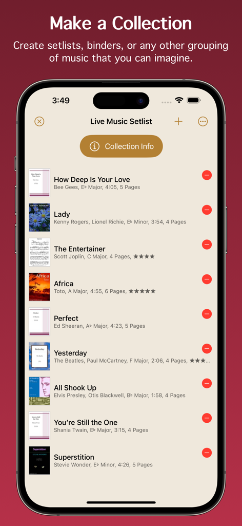 Screenshot of the Paperless Music app showing a organized live music setlist with song titles and details