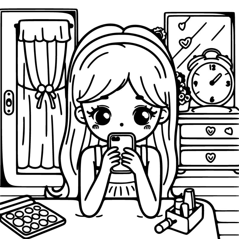 a girl in her room staring at her phone at her dressing table