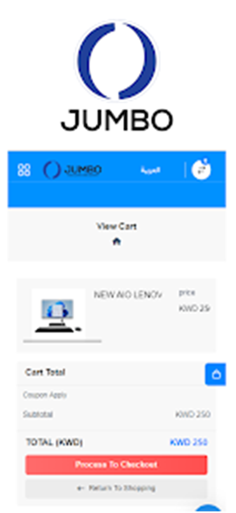 Jumbo International - Tela do carrinho de compras do aplicativo Jumbo International exibindo um computador all-in-one Lenovo e opções de checkout