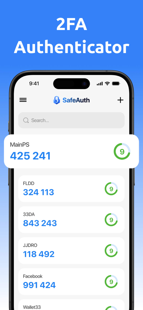 SafeAuthアプリのインターフェース。iPhone上の様々なアカウントの2要素認証コードのリストが表示されています。