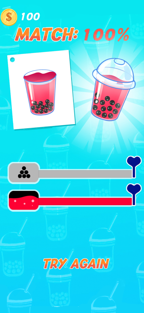 Bubble Tea Simulator - Bubble Tea Simulator gameplay screen showing a 100 percent match for a pink tea with black boba pearls
