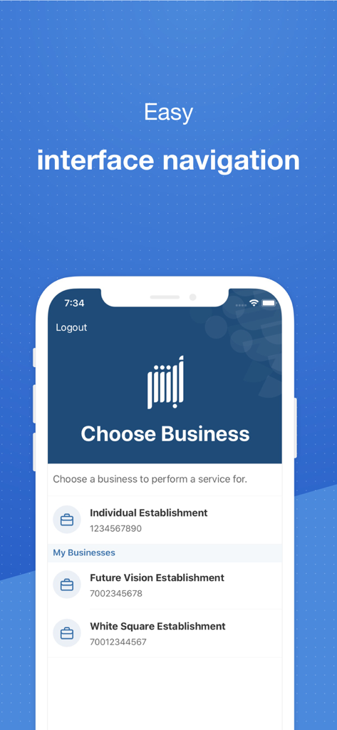 ABSHER Business - ABSHER Business app showing the choose business selection screen with a list of establishments.