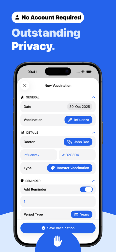 Immunization Record – Vaccy - Vaccy app interface displaying a new vaccination entry form and highlighting user privacy features with no account required.