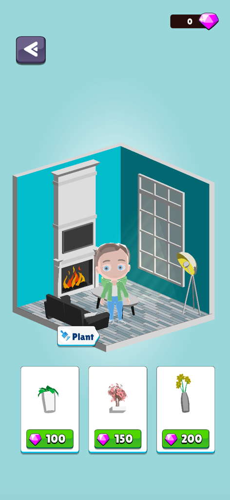 A character in a 3D isometric room with options to customize the space by purchasing plants with gems