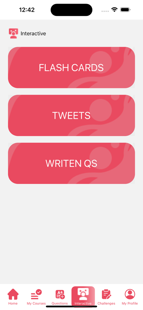 DR-MATARY - Interactive menu in the DR-MATARY app showing flash cards and written questions for surgical medicine students