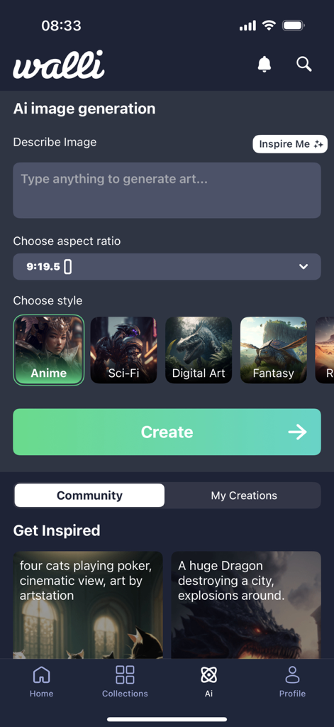 Interface de génération de fond d'écran par IA dans l'application Walli avec des invites personnalisées et des styles artistiques