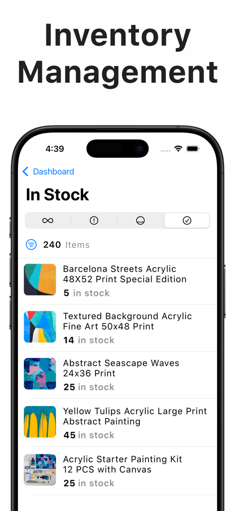 Un écran mobile montrant le tableau de bord d'inventaire de l'application Boxflow avec une liste d'articles en stock et leurs quantités