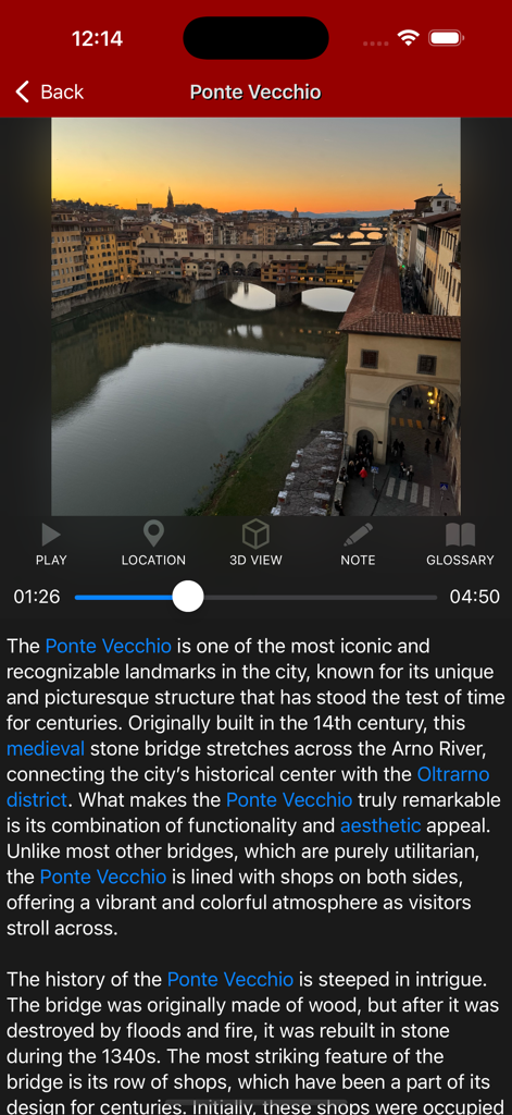 Florence Tour - Travel Guide - Captura de pantalla de la aplicación Florence Tour que detalla la historia y las características del Ponte Vecchio con opciones de audioguía y vista 3D