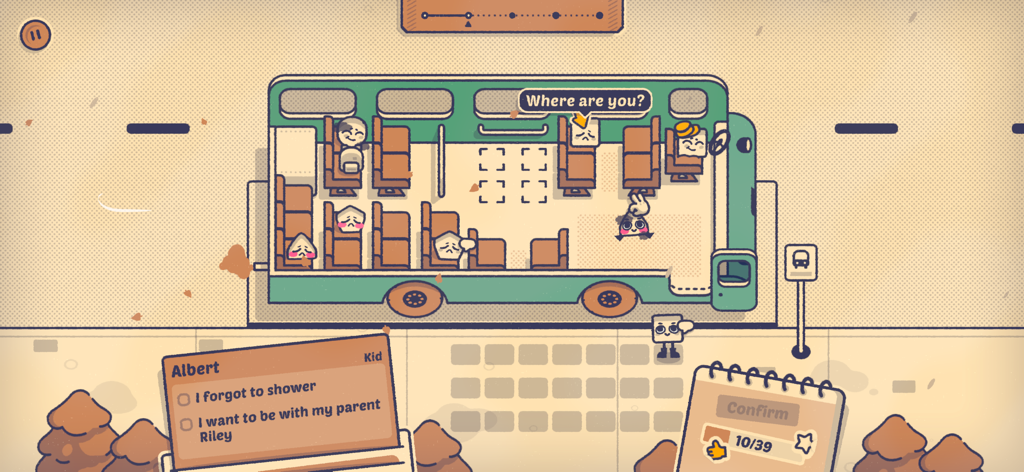 Is This Seat Taken? - Gameplay screenshot of Is This Seat Taken showing a logic puzzle where players arrange characters on a bus based on their preferences
