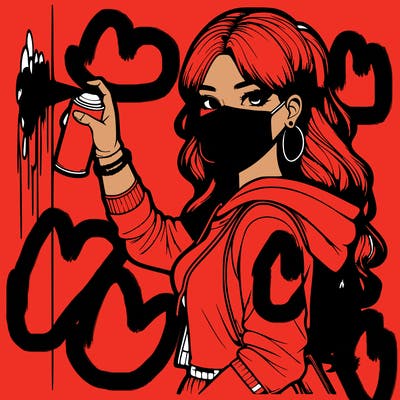 realistic girl with mask spray painting a wall