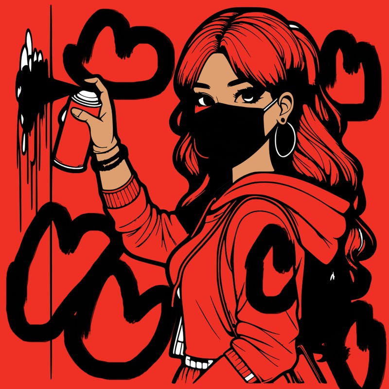 realistic girl with mask spray painting a wall